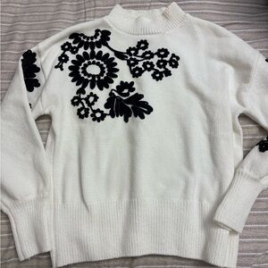 Cynthia Rowley White Knit Sweater with Black Floral Appliqué